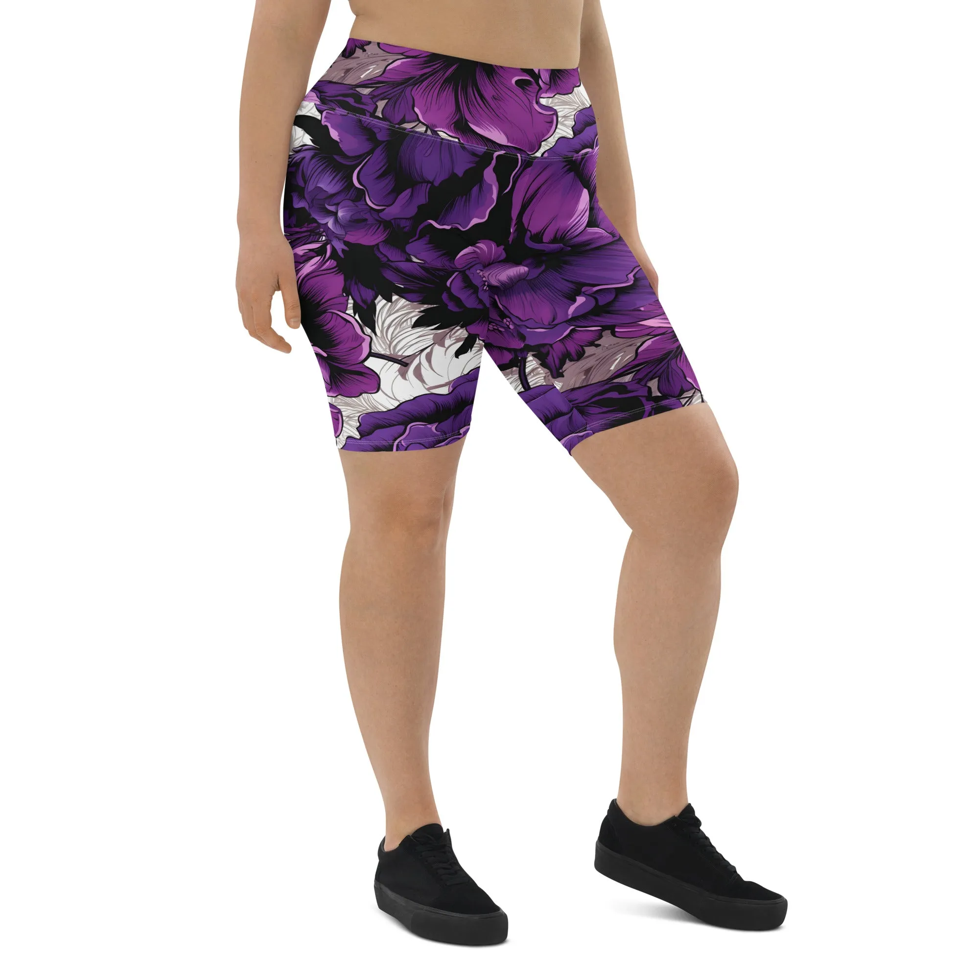 Floral Fitness: Women's Mile After Mile Biker Shorts - Purple Flowers 001