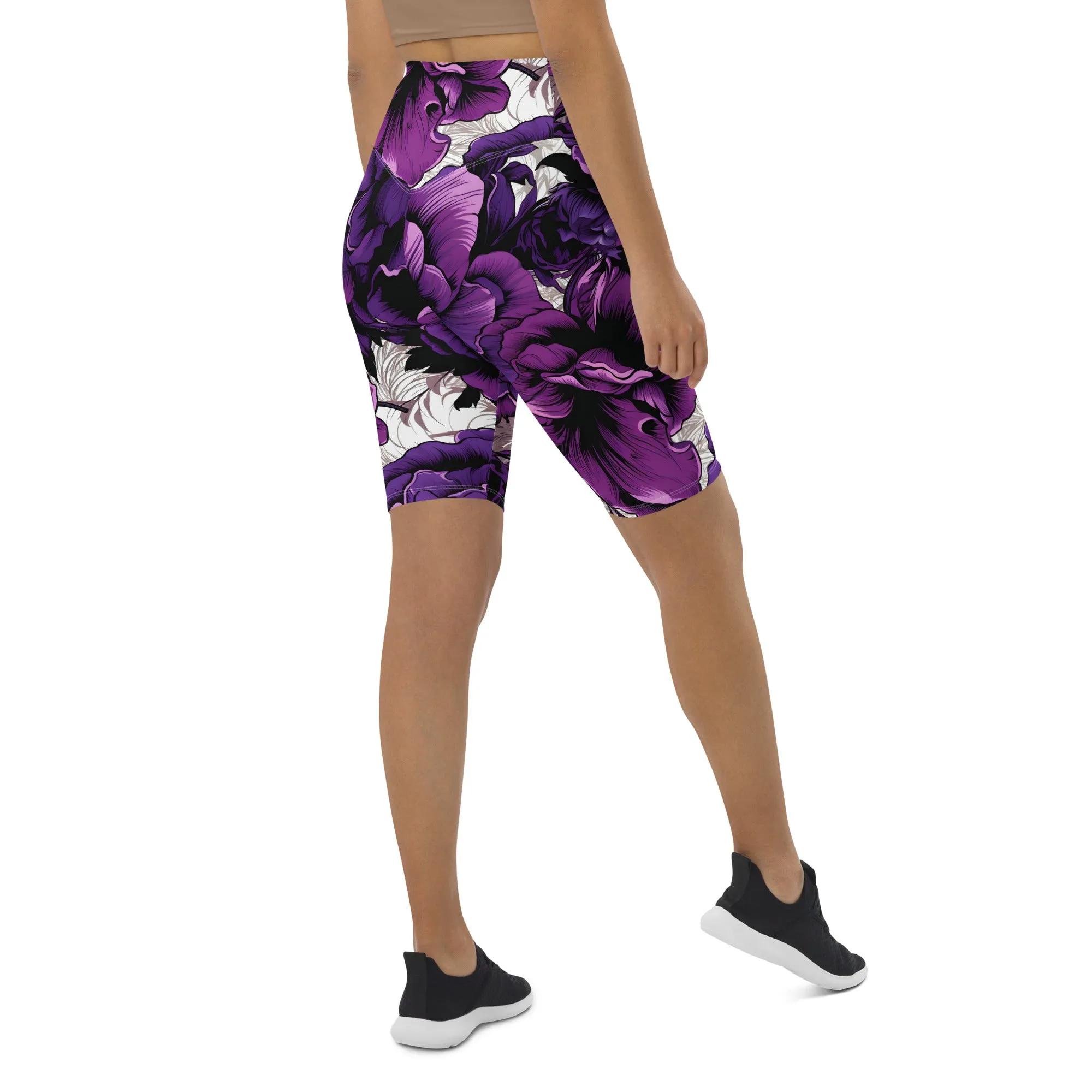 Floral Fitness: Women's Mile After Mile Biker Shorts - Purple Flowers 001