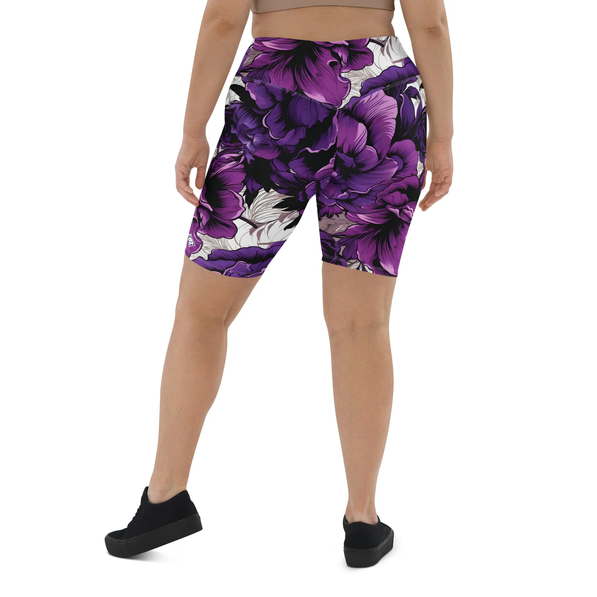 Floral Fitness: Women's Mile After Mile Biker Shorts - Purple Flowers 001