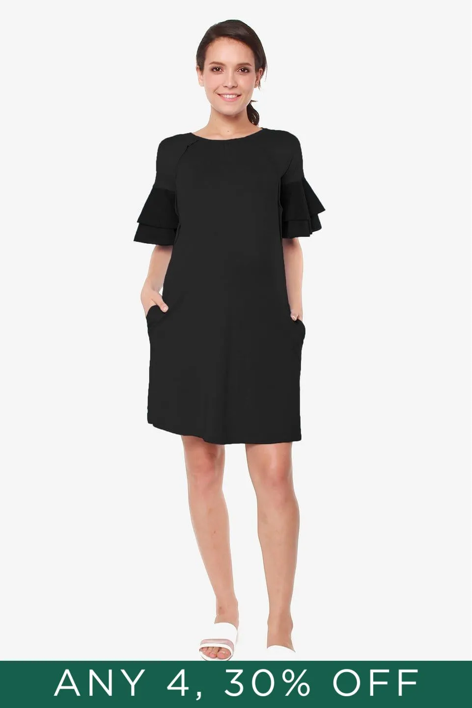 Flounce Sleeves Calissa Bamboo Cotton Nursing Dress Black