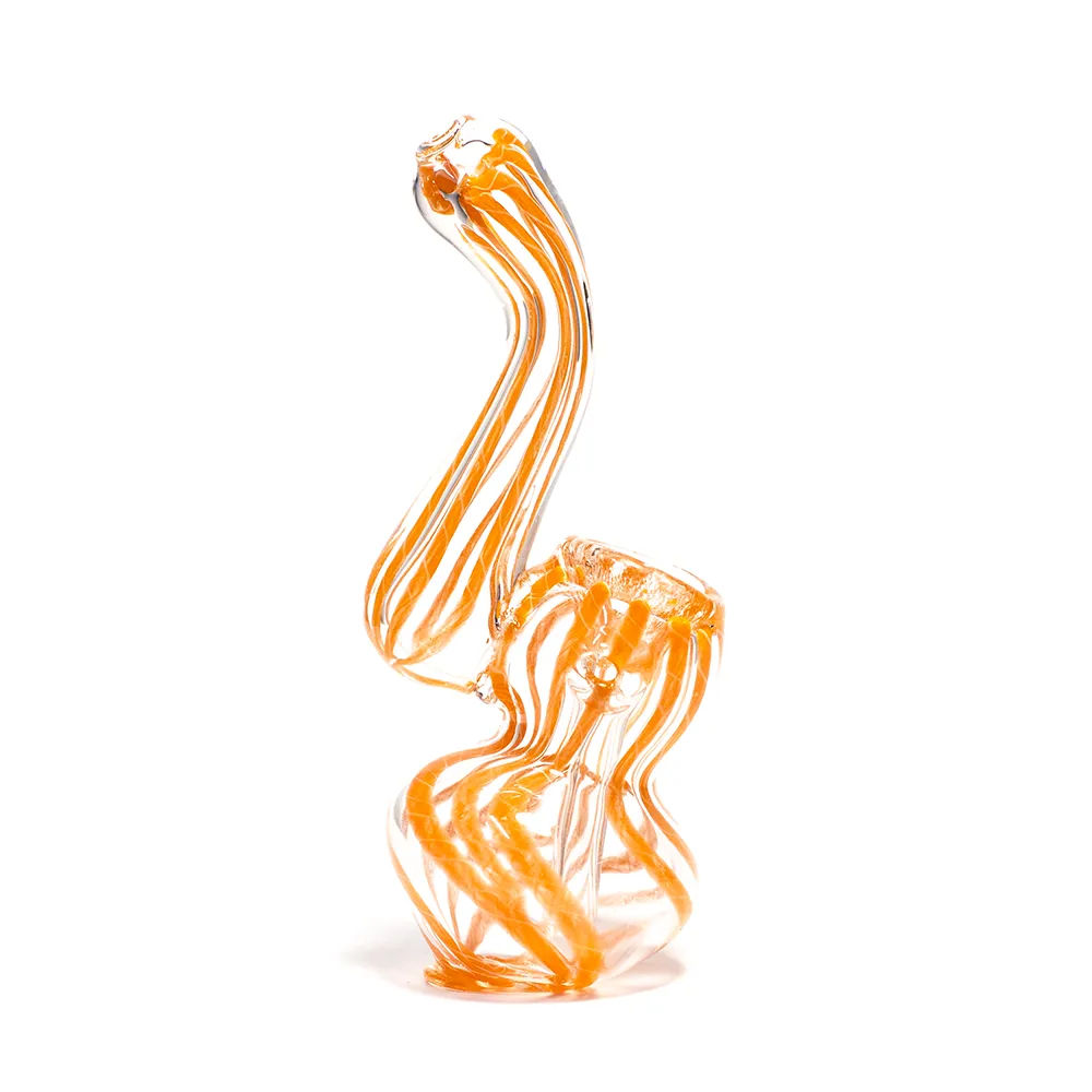 GLASS BUBBLER - 12CM CLEAR WITH ORANGE AND MIXED STRING STRIPES