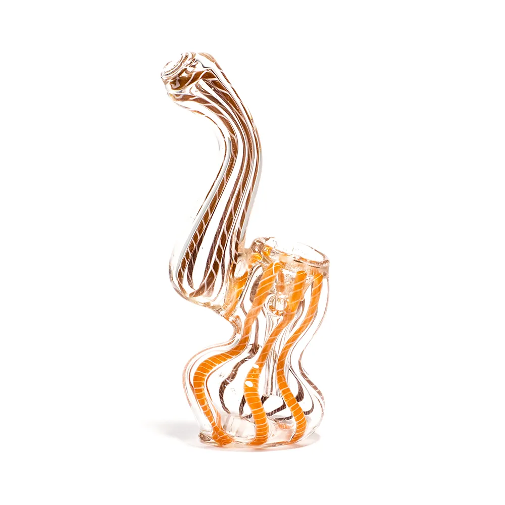 GLASS BUBBLER - 12CM CLEAR WITH ORANGE AND MIXED STRING STRIPES