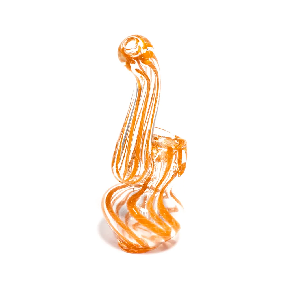 GLASS BUBBLER - 12CM CLEAR WITH ORANGE AND MIXED STRING STRIPES