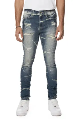 Gun Shot Effect & Lightning Washed Super Skinny Denim Jeans - Westport Blue