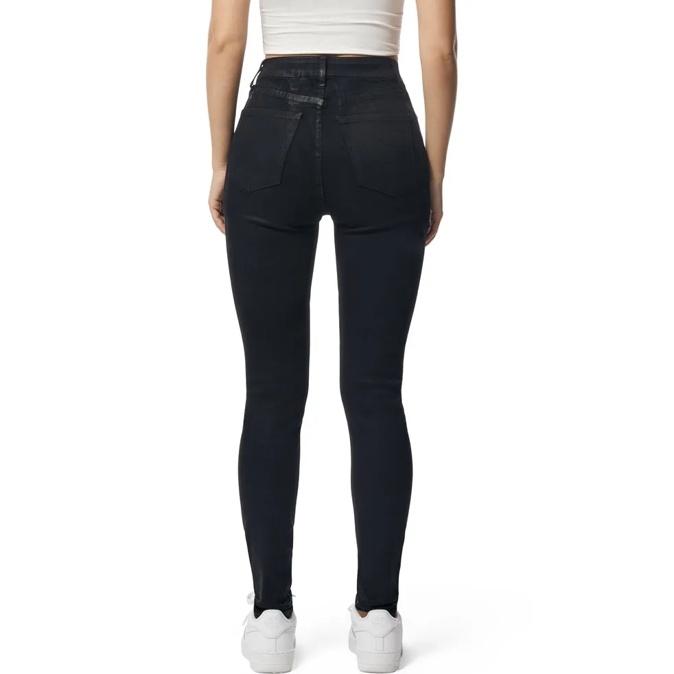 High Rise Slim Skinny Wax Coated Denim Jeans - Polished Black