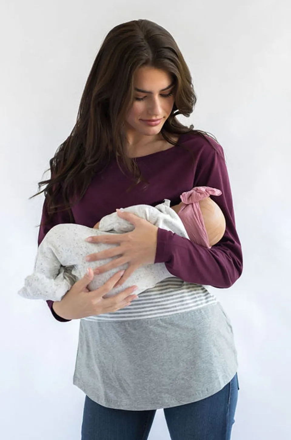 Long Sleeve Cotton Nursing Top- 3 Block- Wine