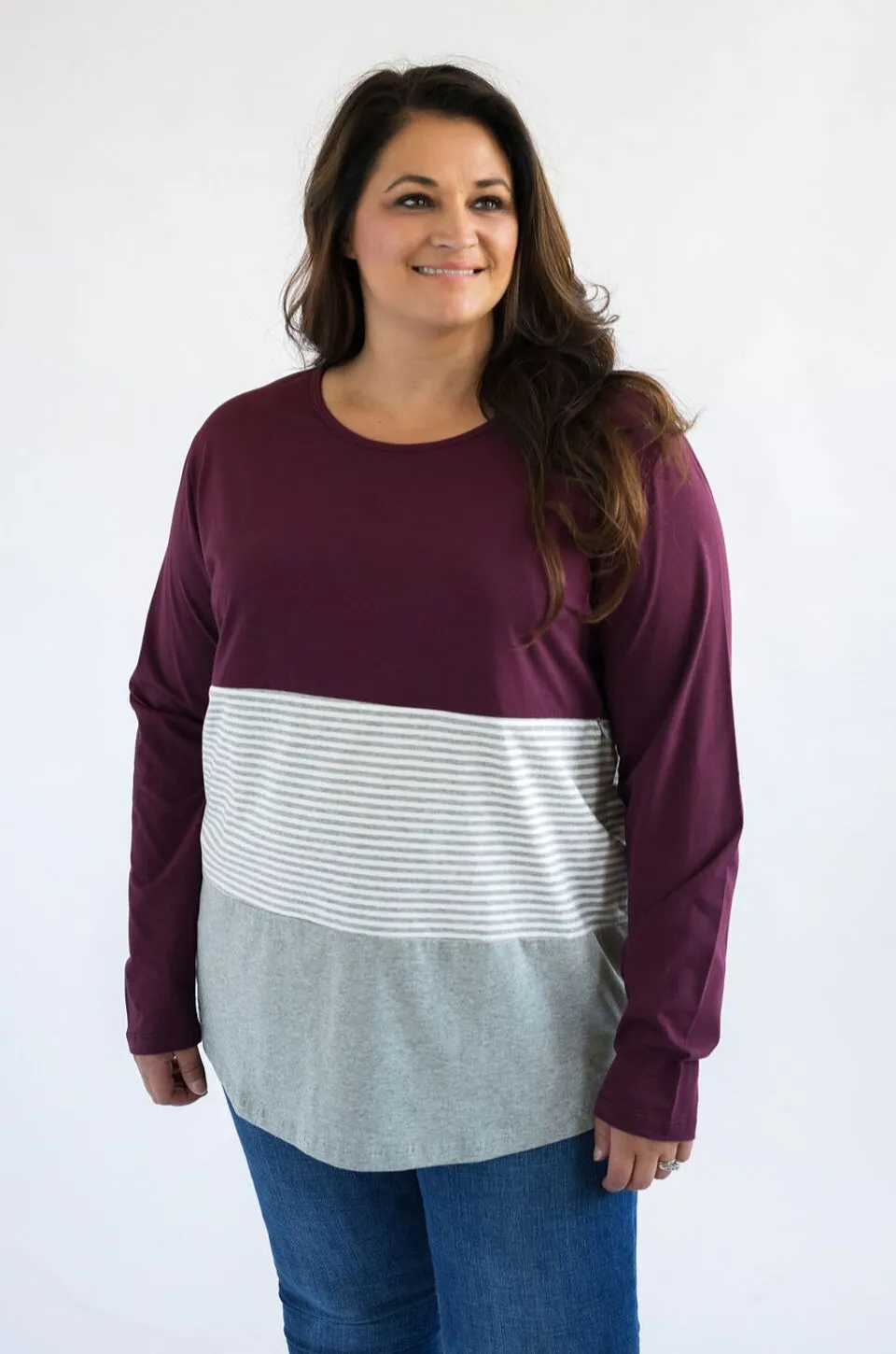 Long Sleeve Cotton Nursing Top- 3 Block- Wine