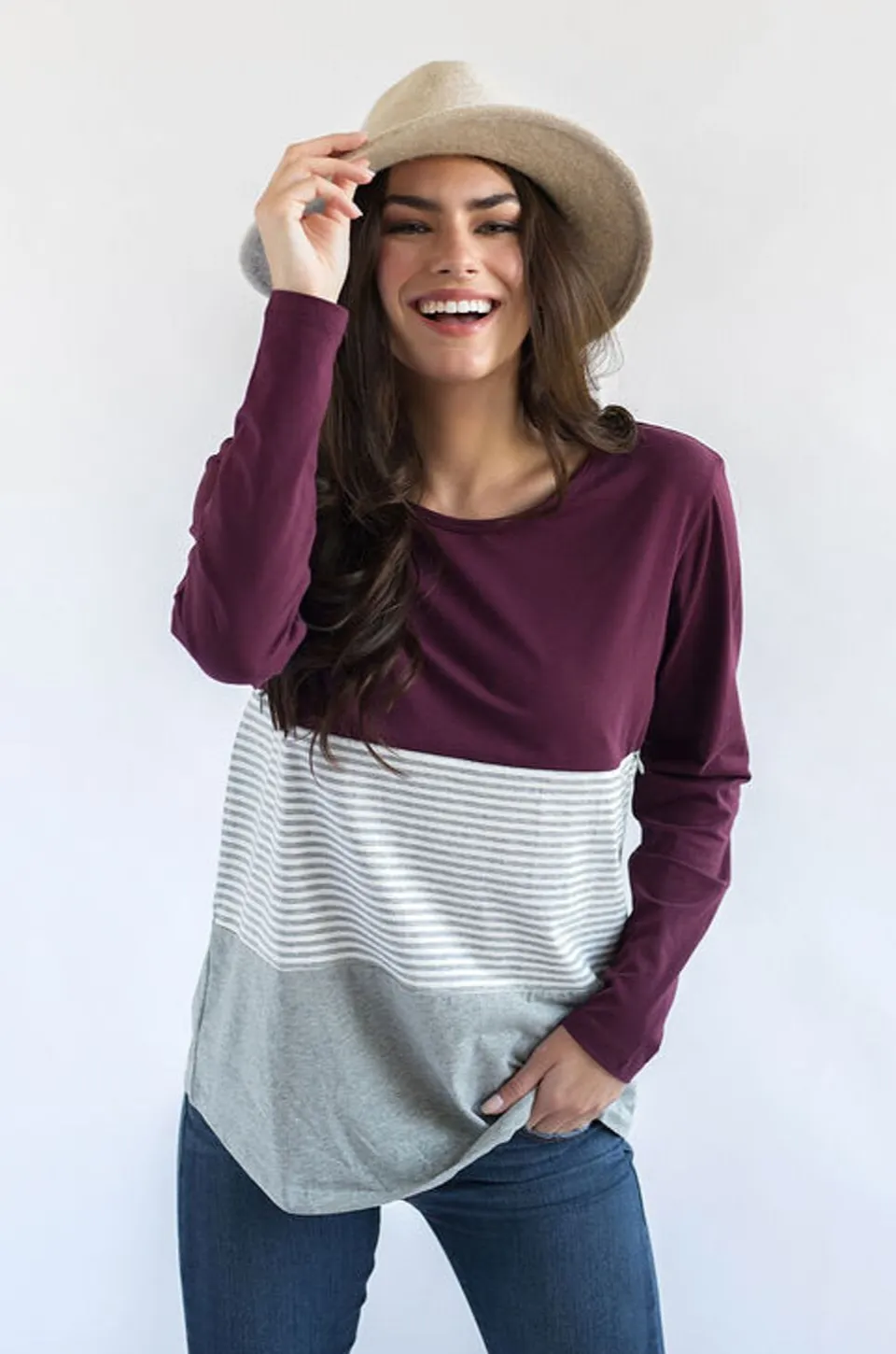 Long Sleeve Cotton Nursing Top- 3 Block- Wine