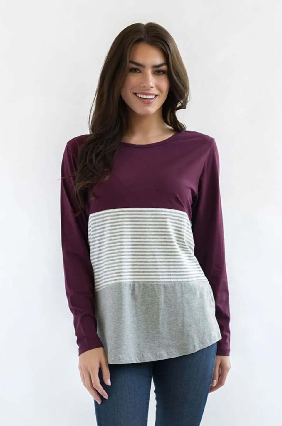 Long Sleeve Cotton Nursing Top- 3 Block- Wine