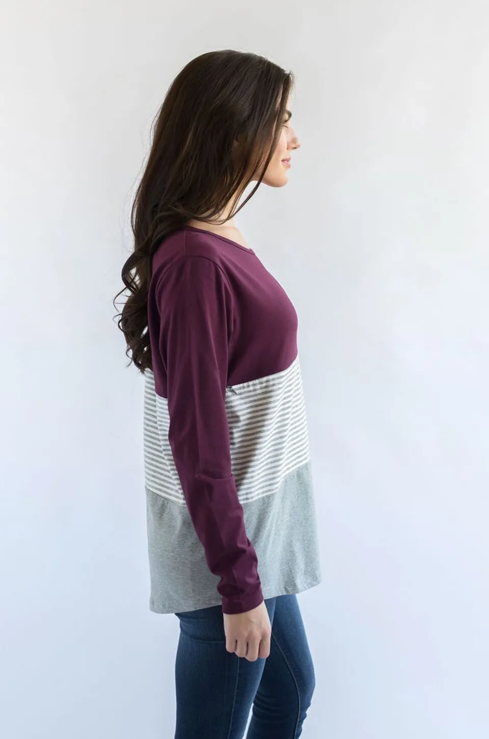 Long Sleeve Cotton Nursing Top- 3 Block- Wine