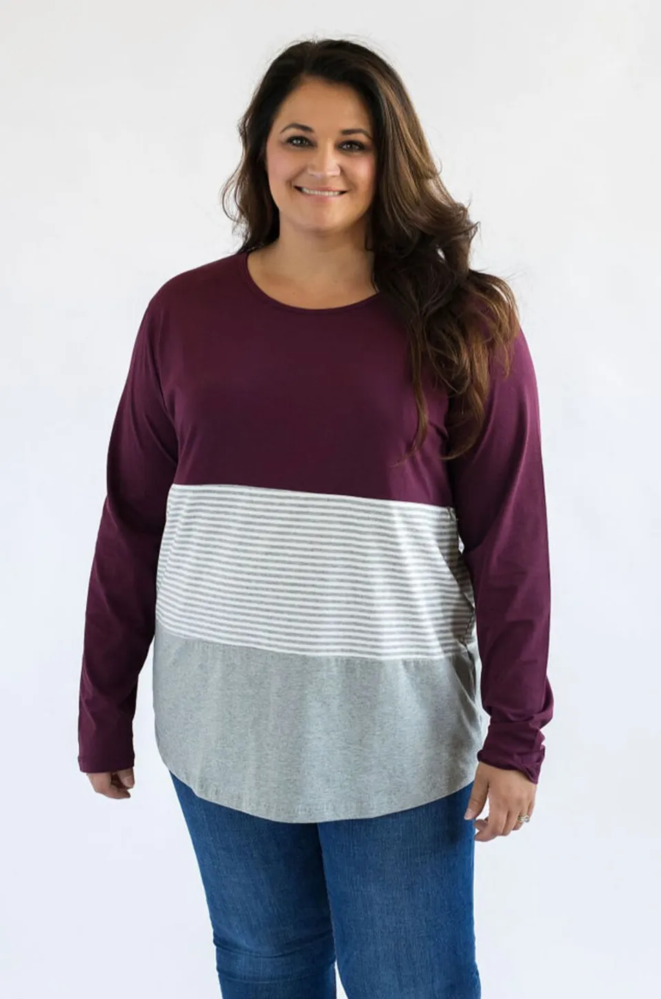 Long Sleeve Cotton Nursing Top- 3 Block- Wine