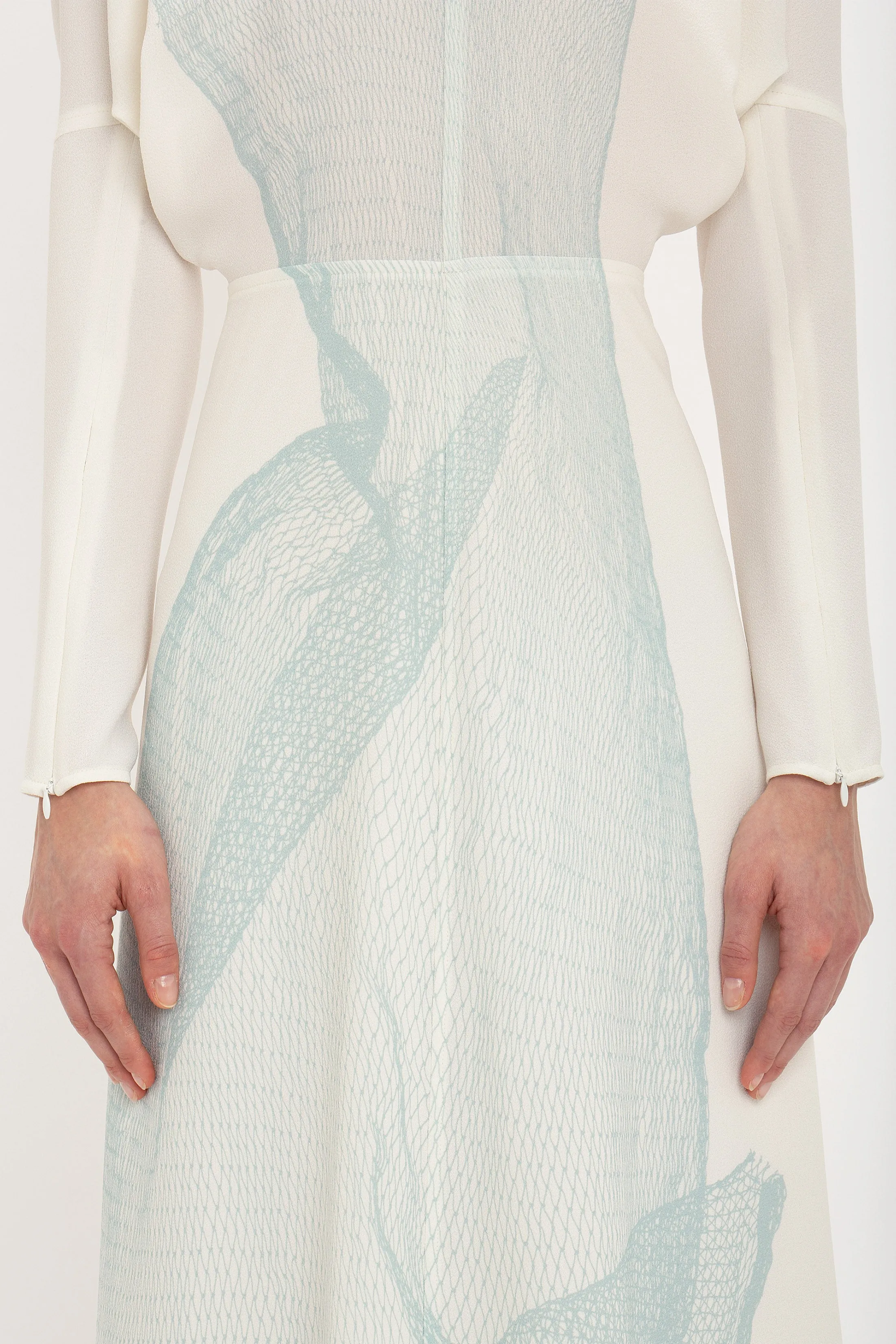 Long Sleeve Dolman Midi Dress In White-Blue Contorted Net