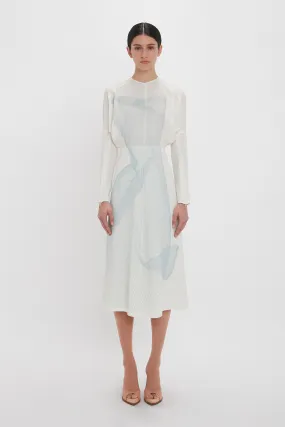 Long Sleeve Dolman Midi Dress In White-Blue Contorted Net