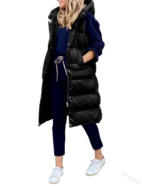 Longline Padded Puffer Gilet With Hood Body Warmer