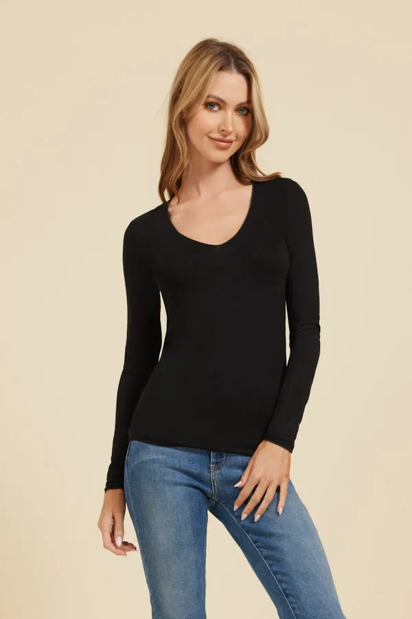 Majestic Soft Touch Long Sleeve Merrow Edge V-Neck in Noir