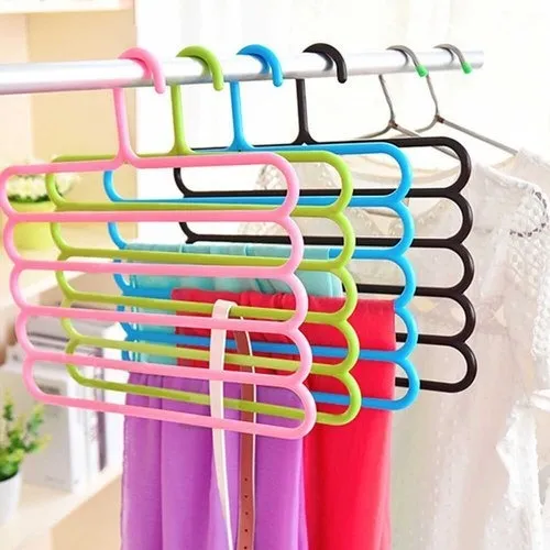 Multipurpose Multi-Layer 5-in-1 Plastic Hanger Clothes Organiser for Wardrobe, Shirts, Ties, Pants Space Saving Hanger (Random Colors)