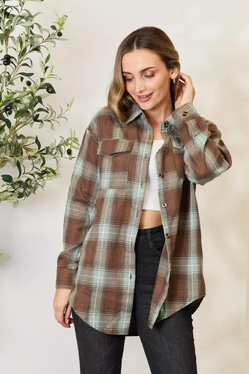 Olive Brown Plaid Dropped Shoulder Shirt