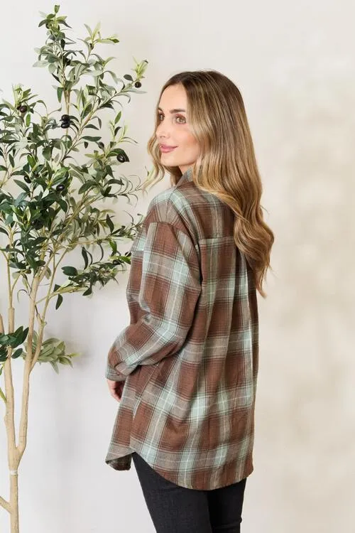 Olive Brown Plaid Dropped Shoulder Shirt