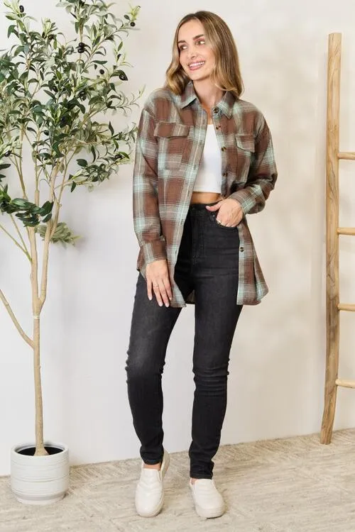 Olive Brown Plaid Dropped Shoulder Shirt