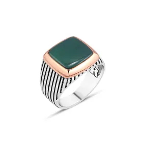 Plain Green Square Agate Stone Silver Men's Ring with Stripe Pattern