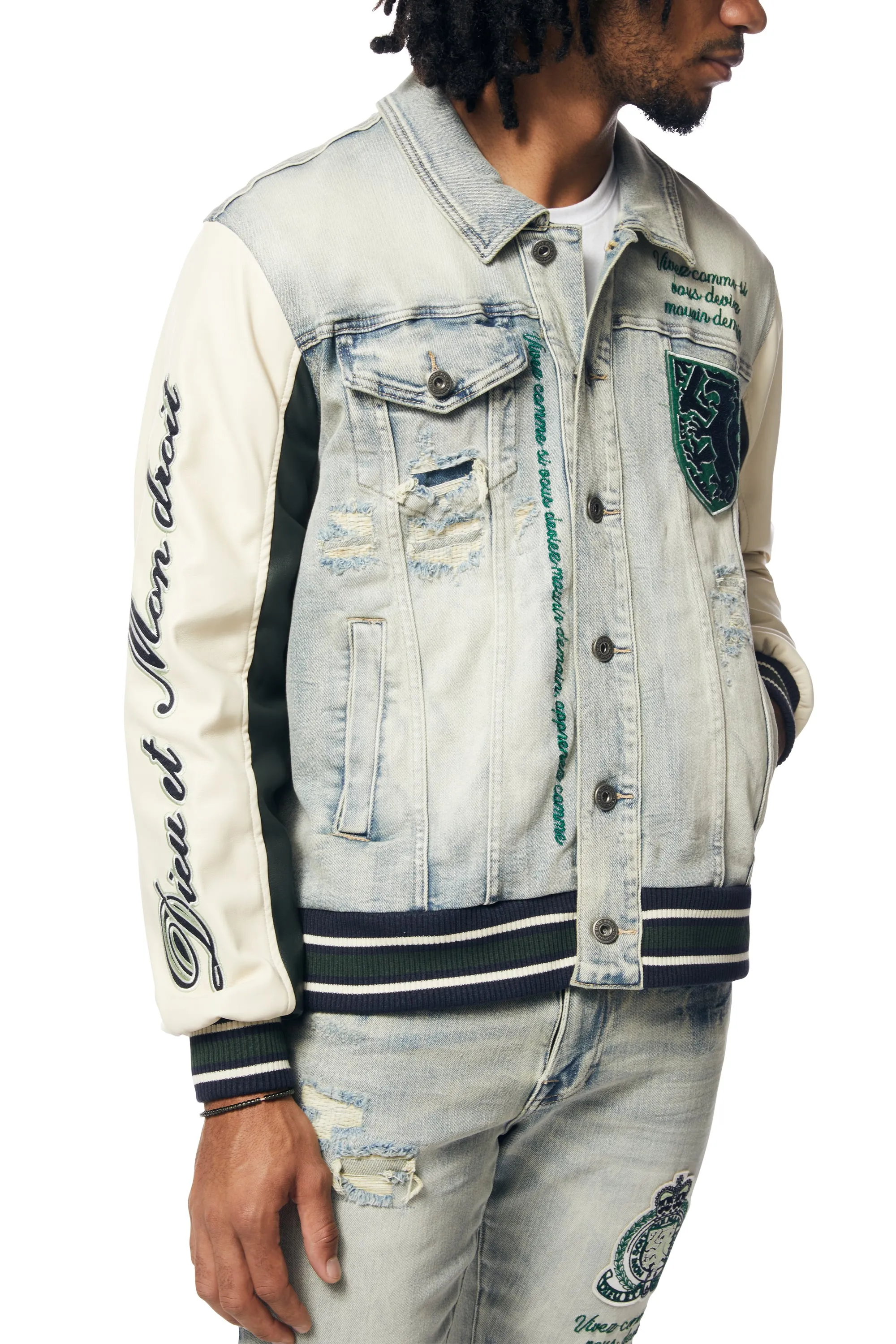 Preppy Crest Embroidered Jean Jacket - Cascade Blue