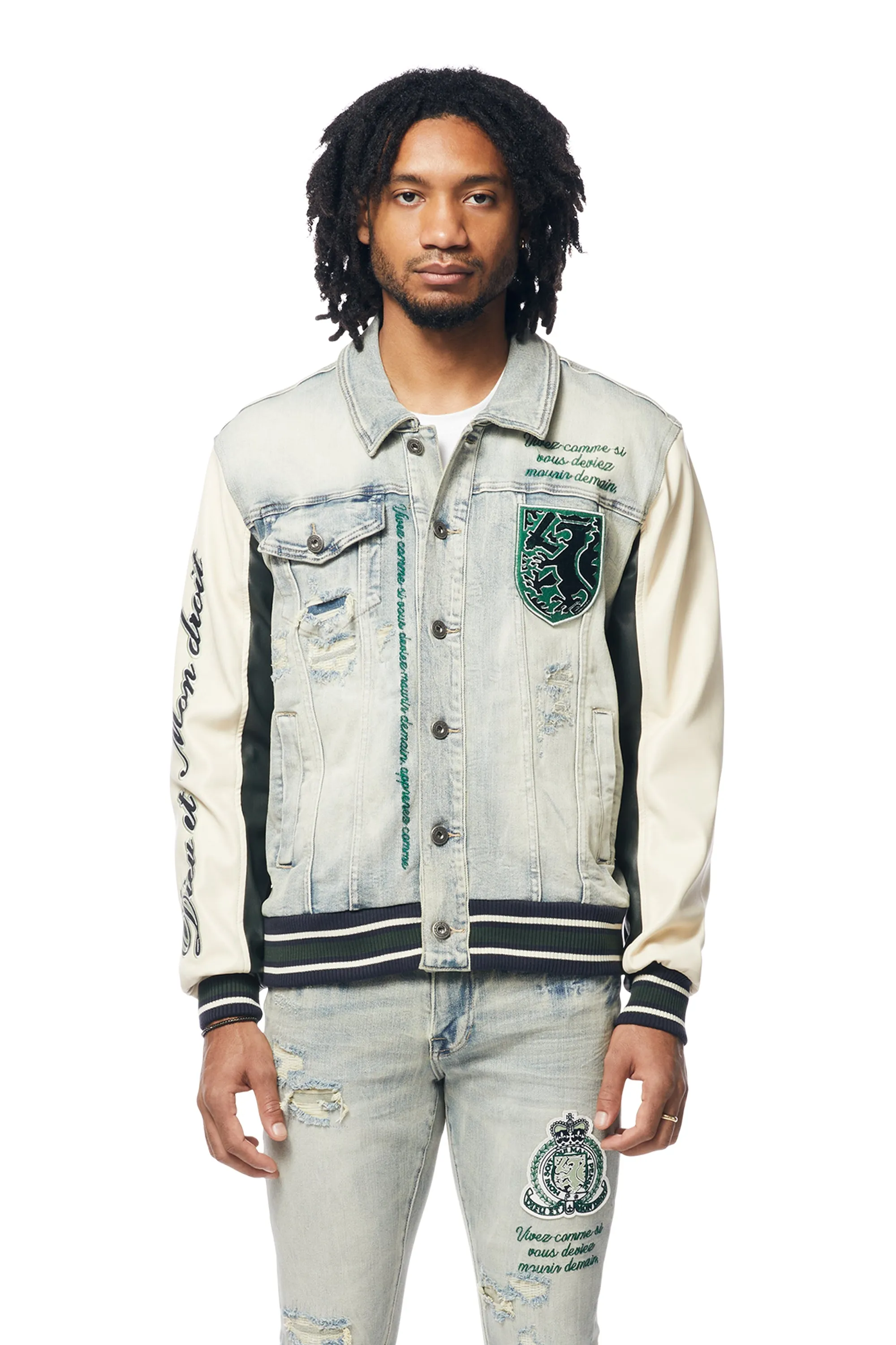 Preppy Crest Embroidered Jean Jacket - Cascade Blue