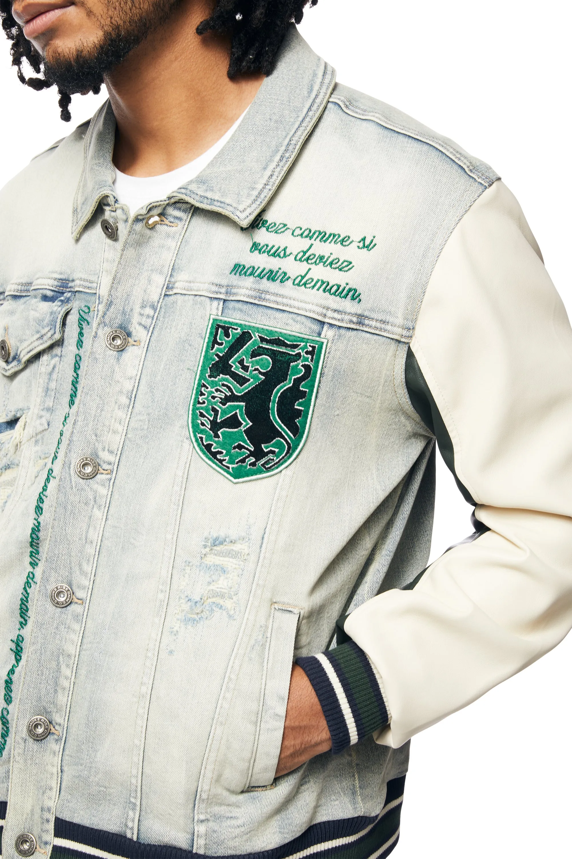 Preppy Crest Embroidered Jean Jacket - Cascade Blue