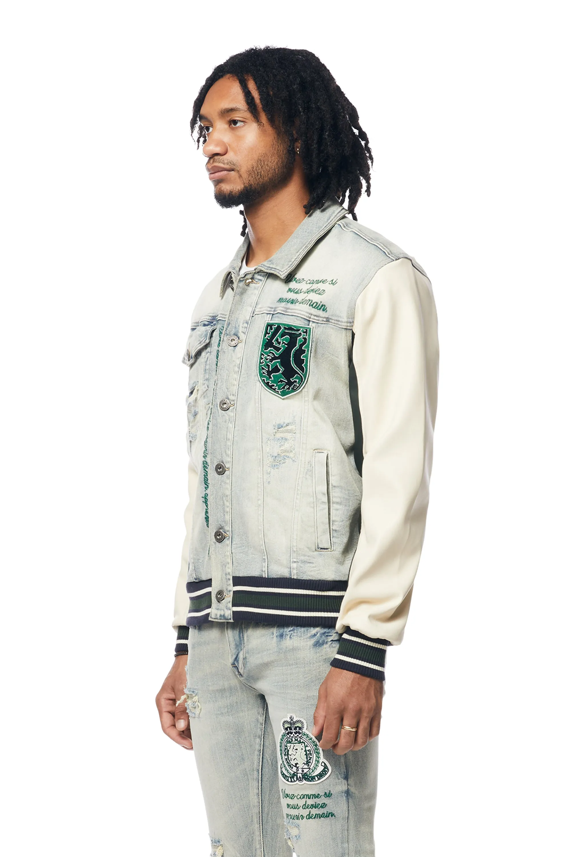 Preppy Crest Embroidered Jean Jacket - Cascade Blue