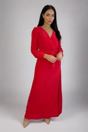 Red Chiffon Deep Plunge Neckline Maxi Dress