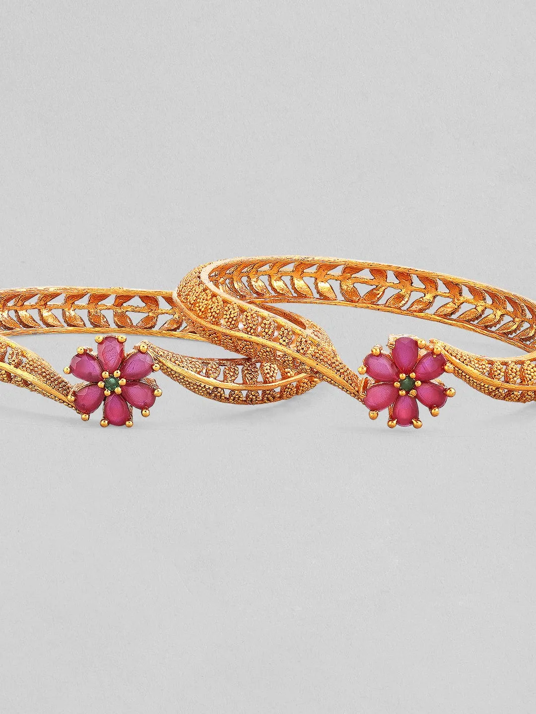 Rubans Set Of 2 24K Gold-Plated Handcrafted Ruby-Studded Bangles