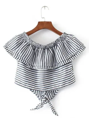 Stripes Print Knotted Front Ruffled Top