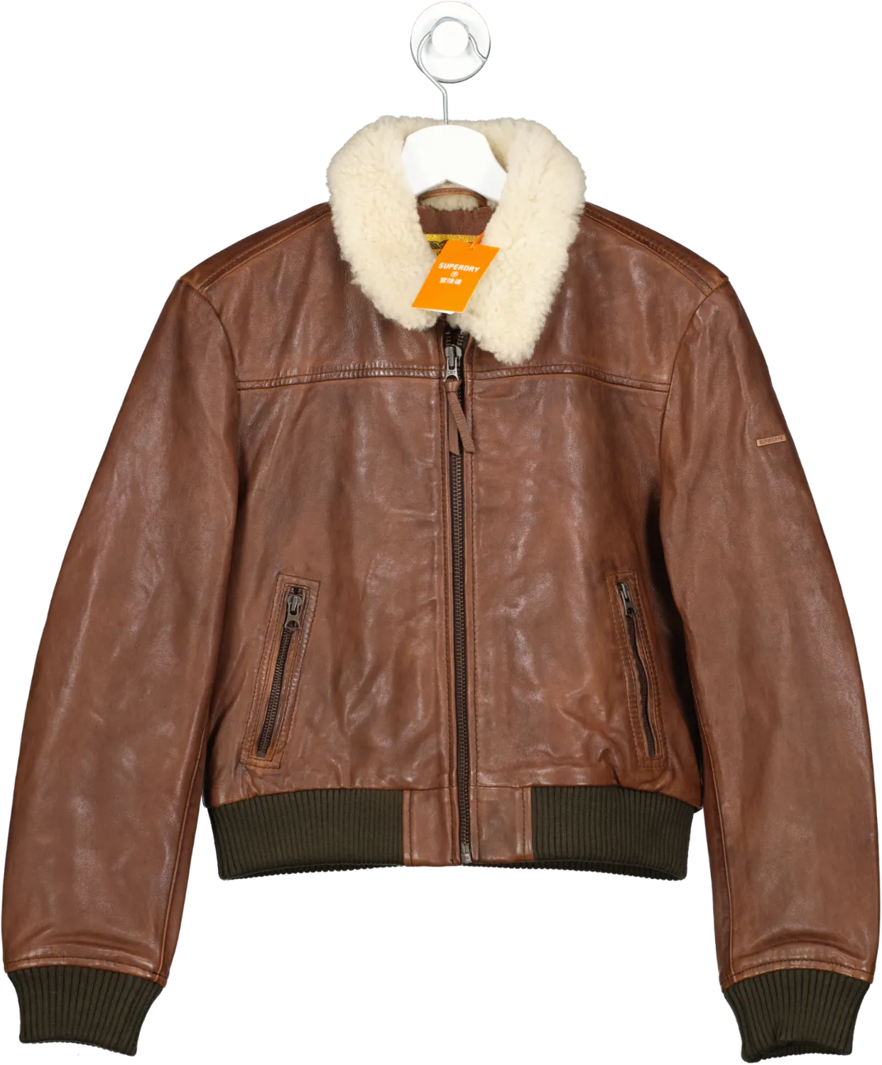 Superdry Brown Leather Borg Collar Jacket UK S