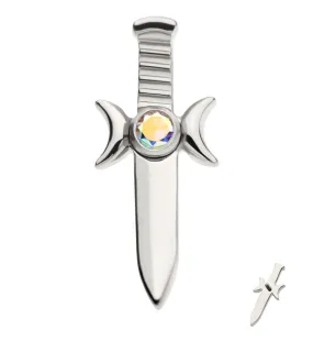 Sword And Moon Phase Rainbow Aurora CZ Internally Threaded Titanium Top